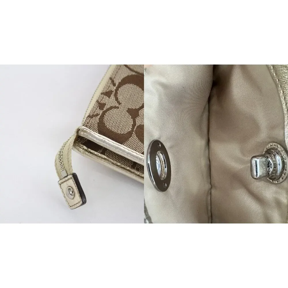 Coach Signature Canvas Turnlock Wristlet Wallet Khaki Brown Leather Trim Y2K